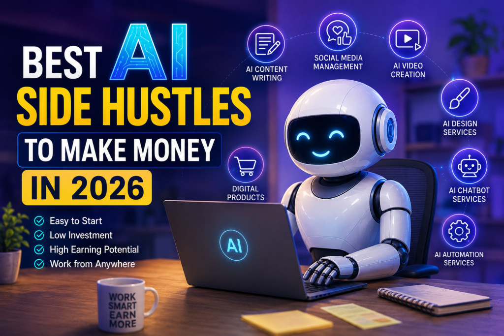 Discover the best AI side hustles to make money in 2026. Explore easy AI-powered ideas, tools, and online income opportunities for beginners.